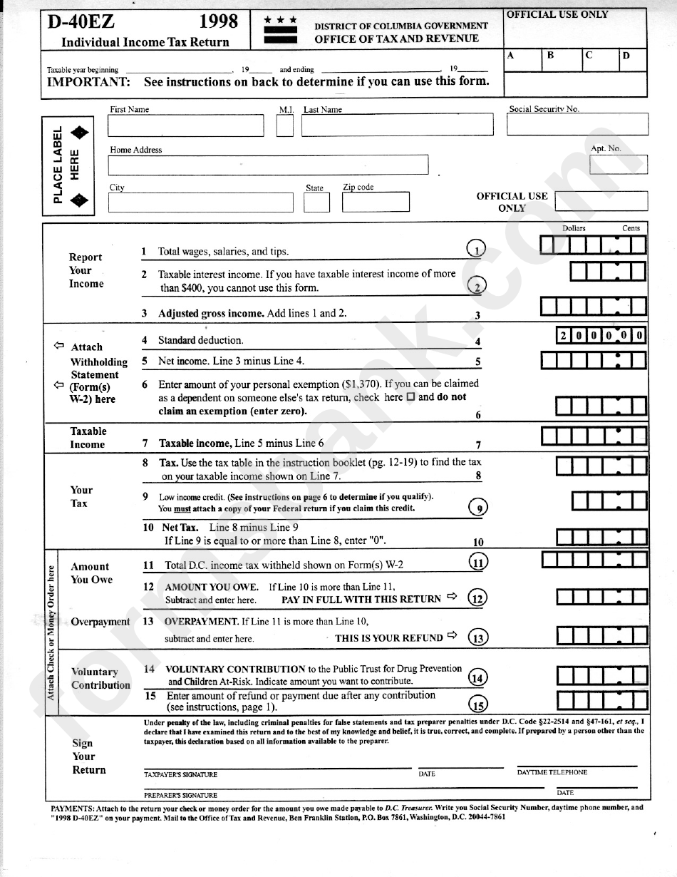 Form D-40ez - Individual Income Tax Return - District Of Columbia Office Of Tax And Revenue, 1998