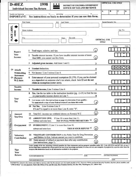 Fillable Form D-40ez - Individual Income Tax Return - District Of Columbia Office Of Tax And Revenue, 1998 Printable pdf