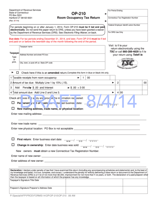 Form Op-210 Draft- Room Occupancy Tax Return - Connecticut Department Of Revenue Services Printable pdf