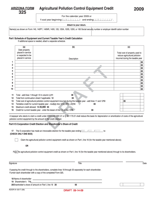 Arizona Form 325 Draft - Agricultural Pollution Control Equipment Credit - 2009 Printable pdf