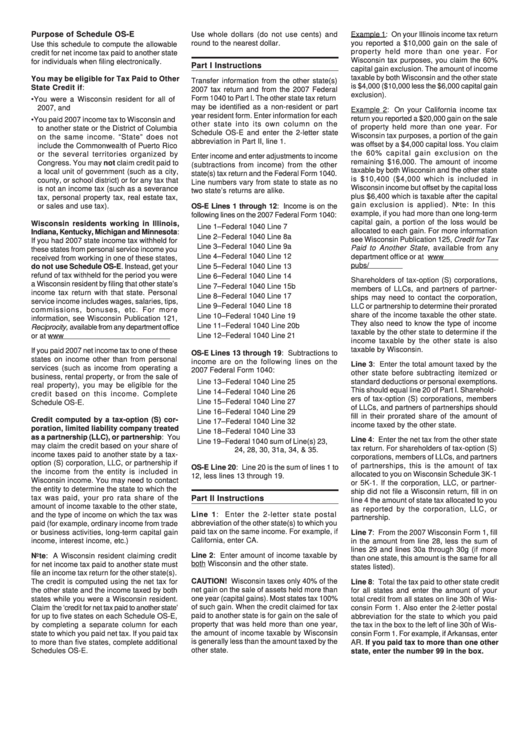 Instructions For Schedule Os-E - Wisconsin Department Of Revenue - 2007 Printable pdf