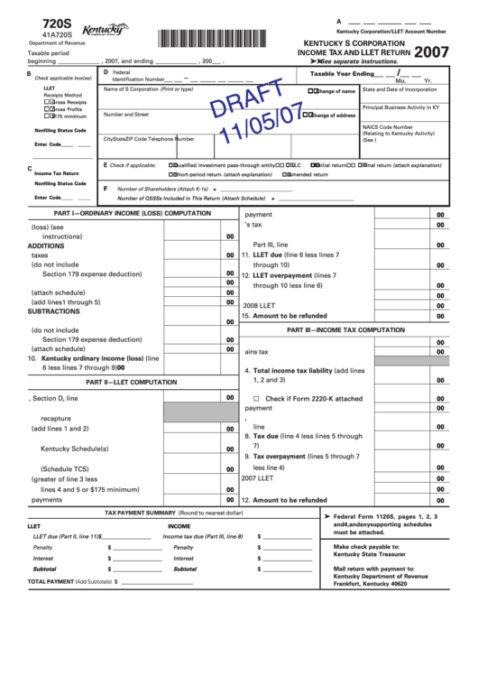 Form 720s Draft - Kentucky S Corporation Income Tax And Llet Return - 2007 Printable pdf