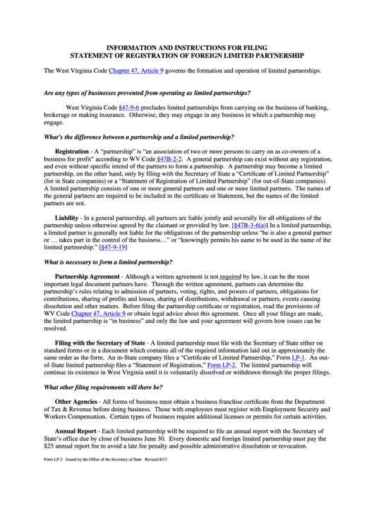 Form Lp-2 - West Virginia Statement Of Registration Of Foreign Limited Partnership Printable pdf