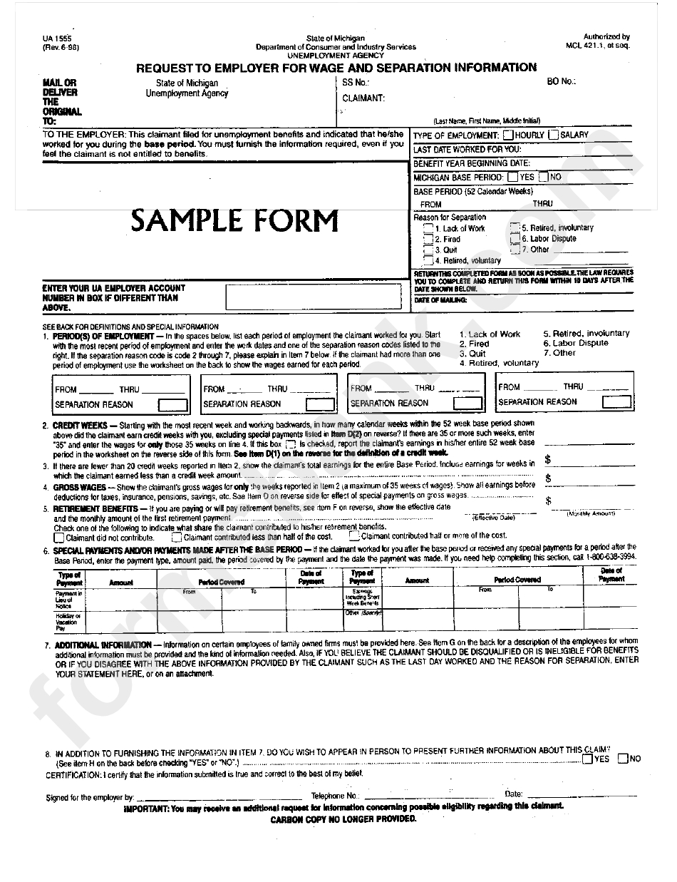 Form Ua 1555 - Request To Employer For Wage And Separation Information - Michigan Department Of Consumer And Industry Services