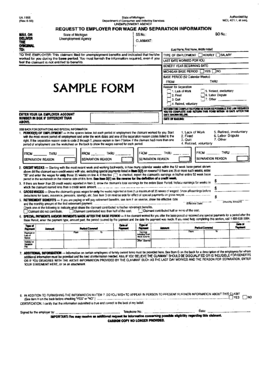 Form Ua 1555 - Request To Employer For Wage And Separation Information - Michigan Department Of Consumer And Industry Services Printable pdf