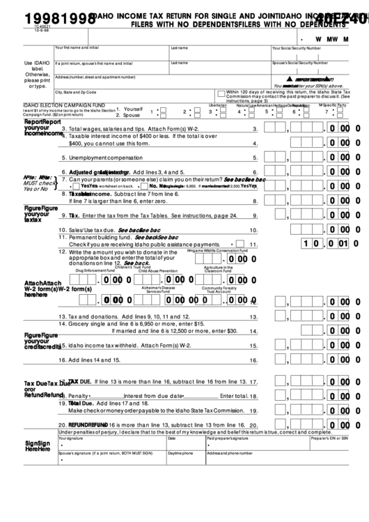 Fillable Form 40ez - Idaho Income Tax Return For Single And Joint Filers With No Dependents - 1998 Printable pdf