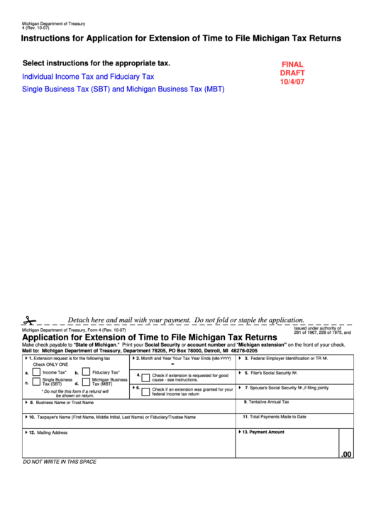 Form 4 (final Draft) - Application For Extension Of Time To File Michigan Tax Returns - 2007