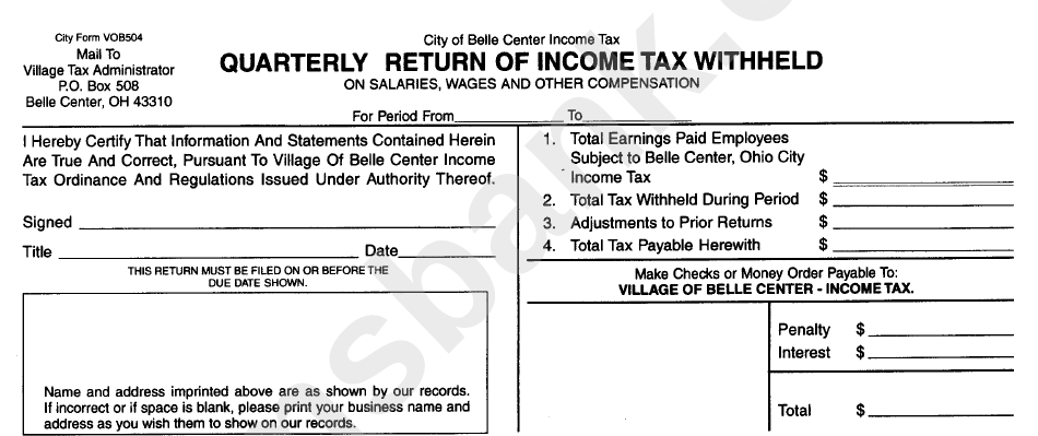 Form Vob504 - Quarterly Return Of Income Tax Withheld - Belle Center