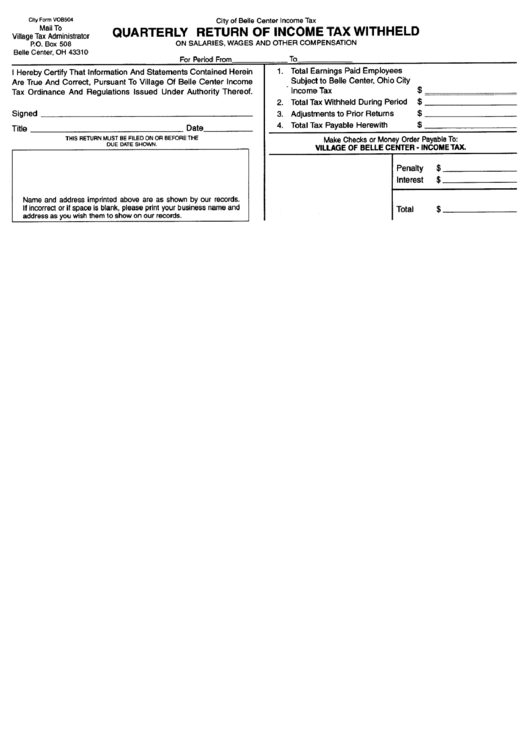 Form Vob504 - Quarterly Return Of Income Tax Withheld - Belle Center Printable pdf