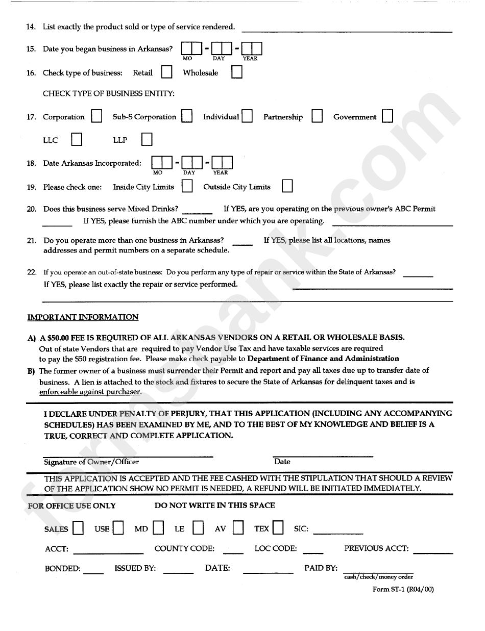 Form St-1 - Arkansas Application For Sales And Use Tax Permit