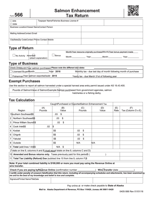 Form 566 - Salmon Enhancement Tax Return - Alaska Department Of Revenue Printable pdf