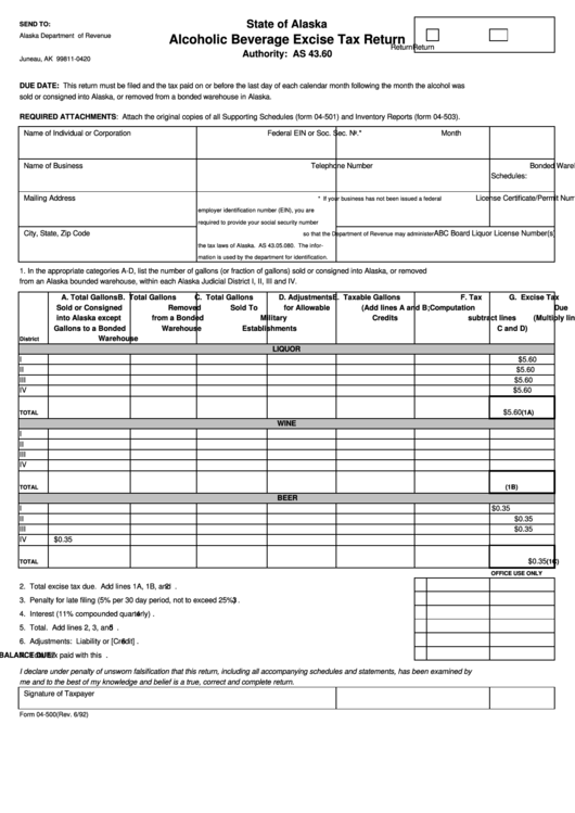 Fillable Form 04-500 - Alcoholic Beverage Excise Tax Return - Alaska Department Of Revenue Printable pdf