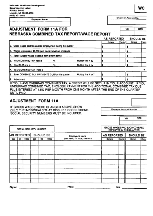 Form 11a - Adjustment For Nebraska Combined Tax Report/wage Report Printable pdf