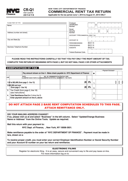 Form Cr-Q1 - Commercial Rent Tax Return - 2014/15 Printable pdf