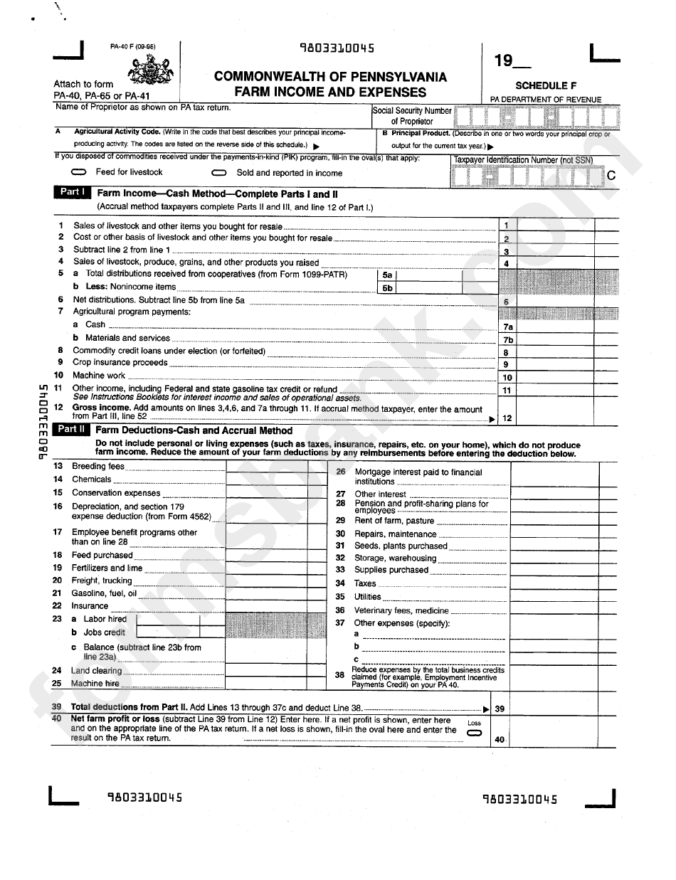 Form Pa-40 F - Pennsylvania Farm Income And Expenses