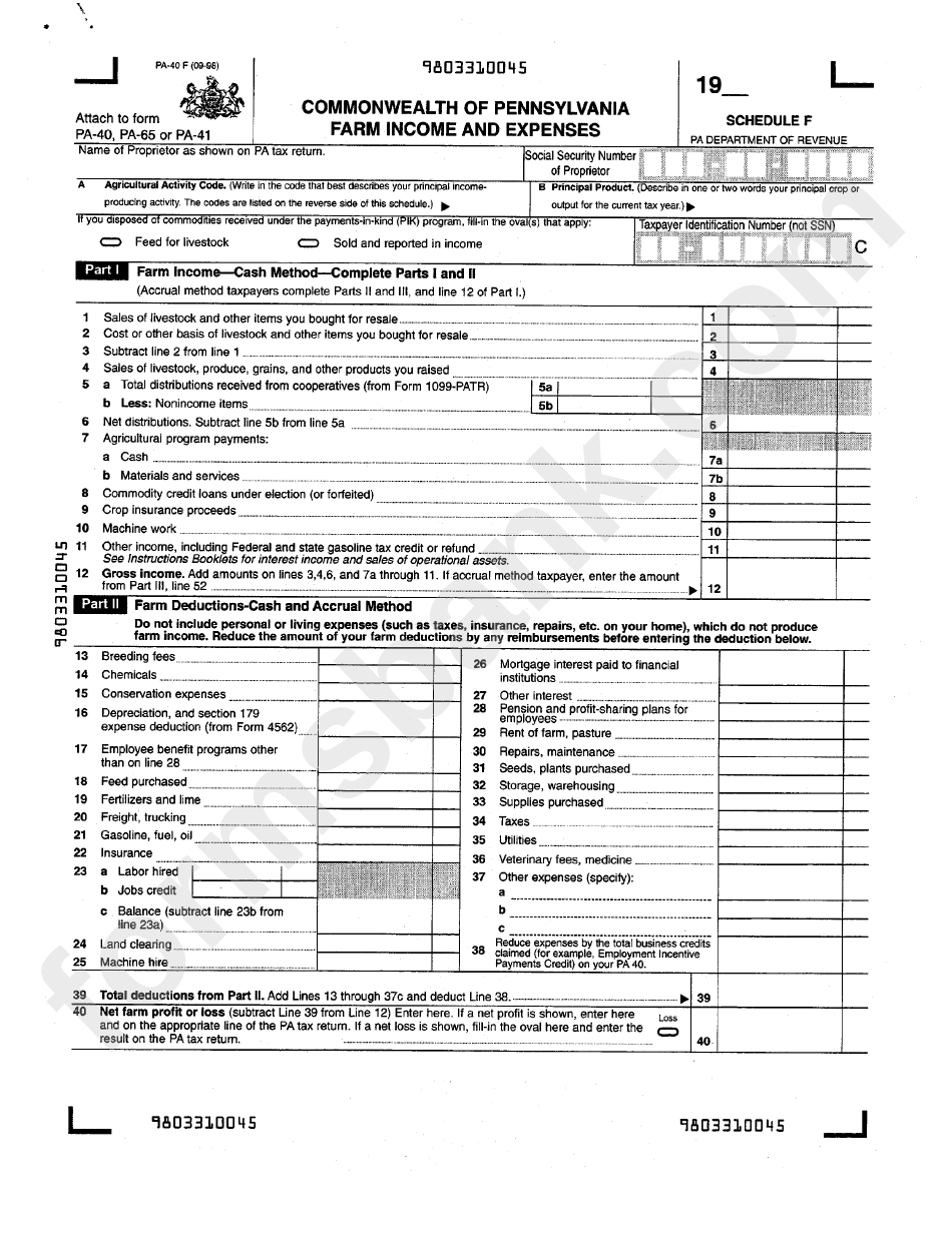 Fillable Form Pa 40 F Pennsylvania Farm Income And Expenses Printable Pdf Download