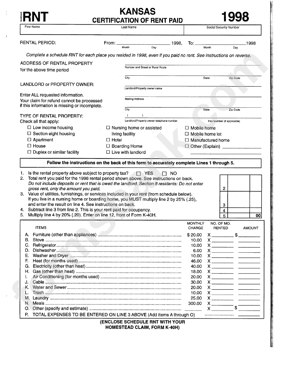 Fillable Form K40h Schedule Rnt Certification Of Rent Paid 1998