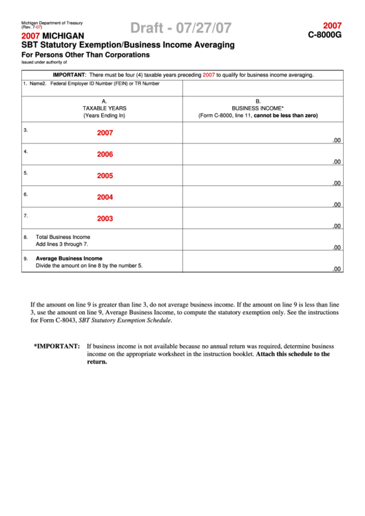 Form C-8000g Draft - Sbt Statutory Exemption/business Income Averaging - 2007 Printable pdf