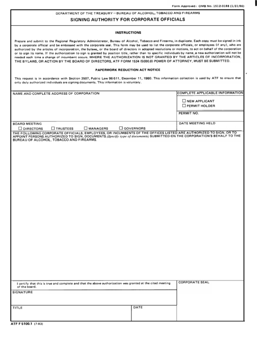 Form Atf F 5100.1 - Signing Authority For Corporate Officials Printable pdf