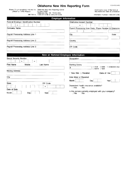 Form Oes-112 - Oklahoma New Hire Reporting - 1997 Printable pdf