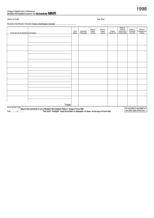 Fillable Form 150-101-154 - Schedule Mnr - Multiple Nonresident Income Tax - 1998 Printable pdf