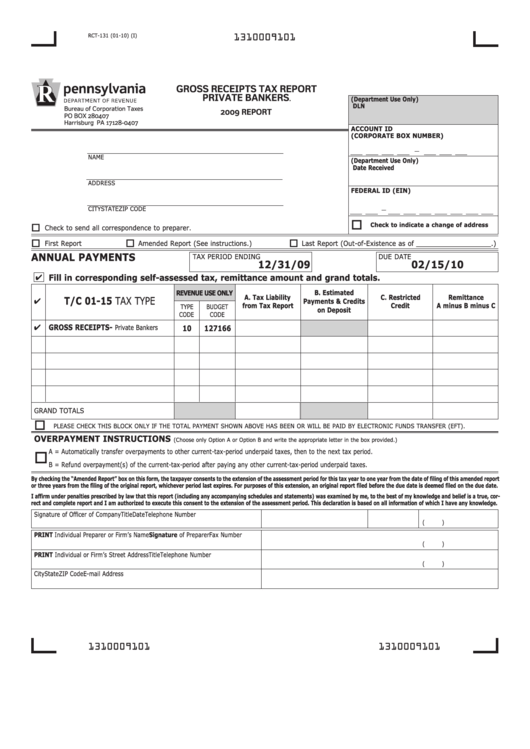 Form Rct-131 - Gross Receipts Tax Report Private Bankers - 2009 Printable pdf