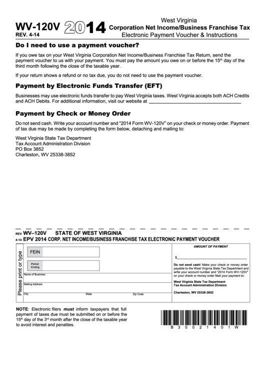 Form Wv-120v - Corp. Net Income/business Franchise Tax Electronic Payment Voucher - 2014 Printable pdf
