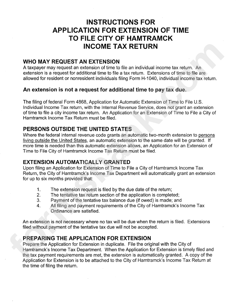 Instructions For Application For Extension Of Time To File City Of Hamtramck Income Tax Return - City Of Hamtramck
