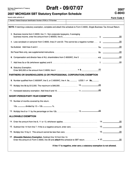Form C-8043 Draft - Michigan Sbt Statutory Exemption Schedule - 2007 Printable pdf