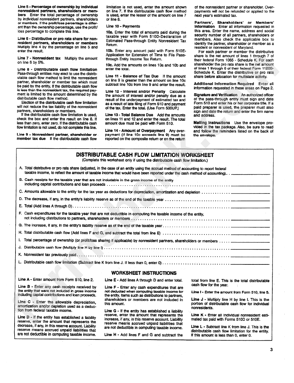 Instructions For Maryland Form 510 - Pass-Through Entity Income Tax Return - 1998