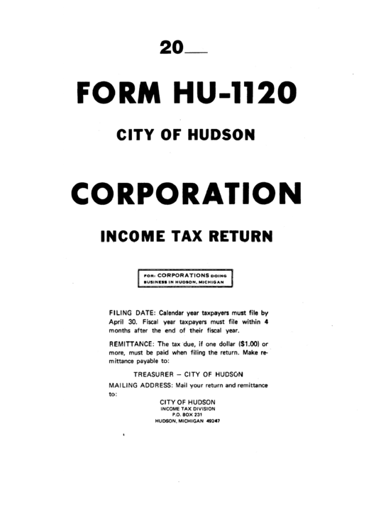 Instructions For Form Hu-1120 - City Of Hudson Corporation Income Tax Return Printable pdf