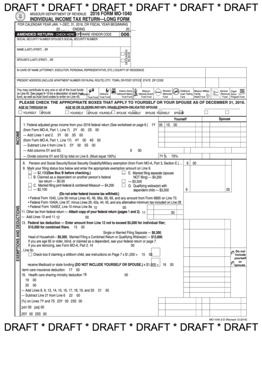 Form Mo-1040 Draft - Individual Income Tax Return (Long Form) - Missouri Department Of Revenue - 2016 Printable pdf