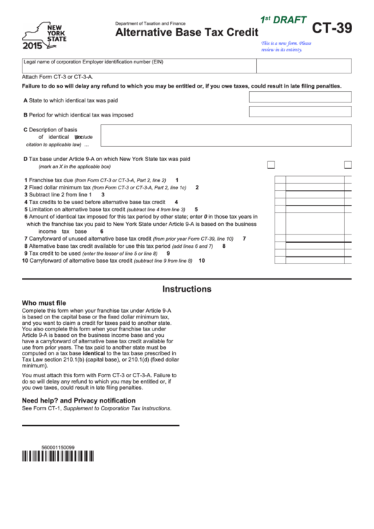 Form Ct-39 - Alternative Base Tax Credit - 2015 Printable pdf