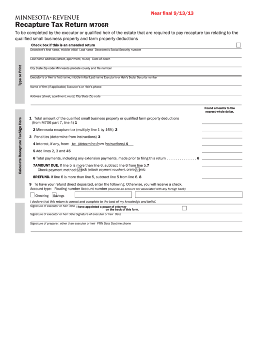 Form M706r - Recapture Tax Return - Minnesota Department Of Revenue Printable pdf