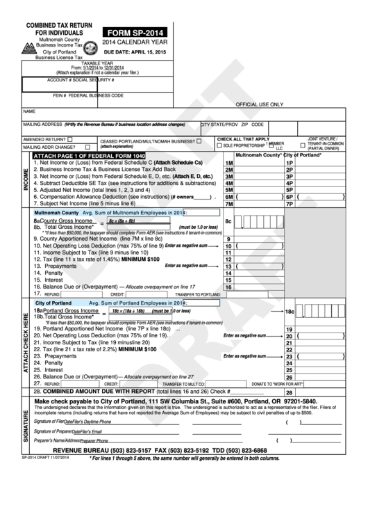 Form Sp-2014 (Draft)- Combined Tax Return For Individuals Printable pdf