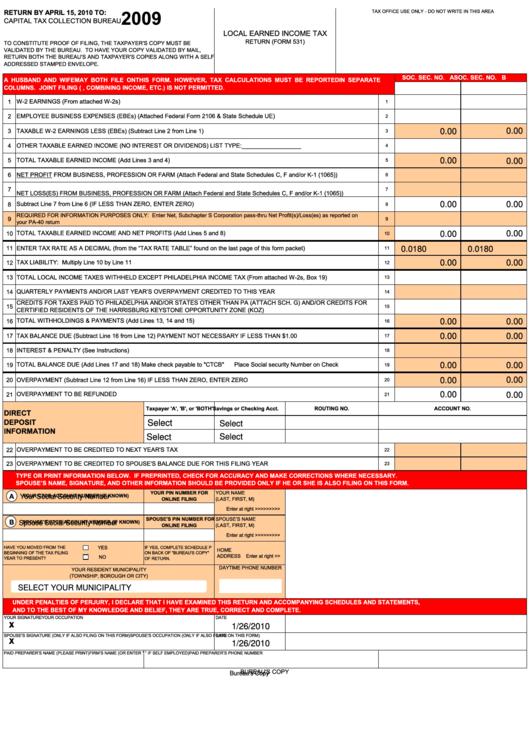 Fillable Form 531 - Local Earned Income Tax Return - 2009 Printable pdf