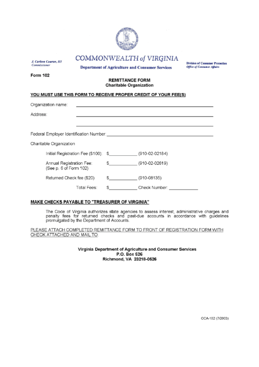 Form 102 - Remittance Form Charitable Organization - Virginia Department Of Agriculture And Consumer Services Printable pdf