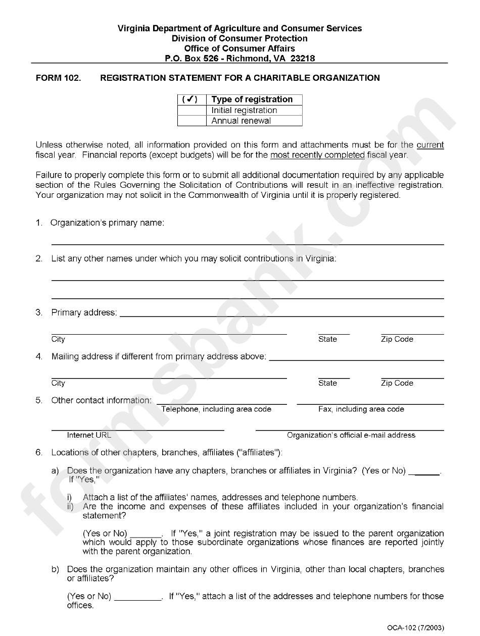Form 102 - Remittance Form Charitable Organization - Virginia Department Of Agriculture And Consumer Services