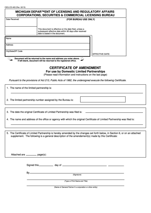 Fillable Form Cscl/cd-403 - Certificate Of Amendment - 2013 Printable pdf