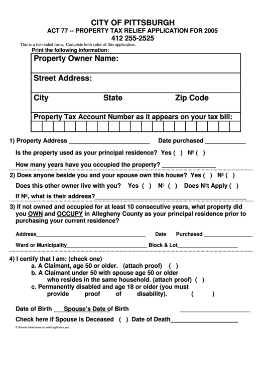Property Tax Relief Application For 2005 - City Of Pittsburgh Printable pdf