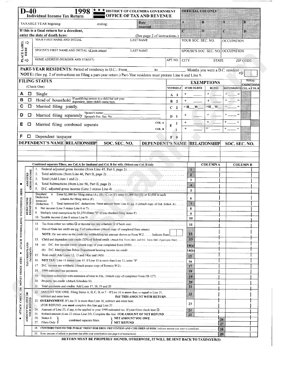 Form D-40 - Individual Income Tax Return - 1998