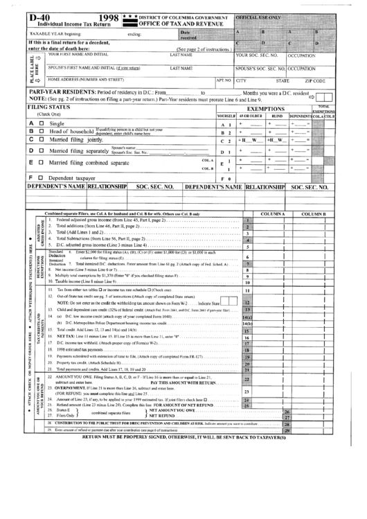 Fillable Form D-40 - Individual Income Tax Return - 1998 Printable pdf