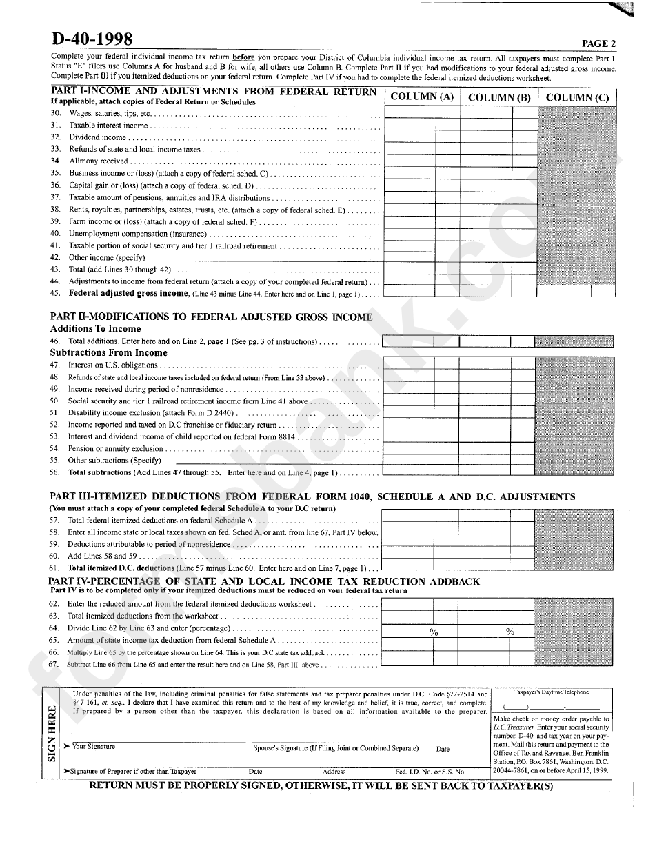 Form D-40 - Individual Income Tax Return - 1998
