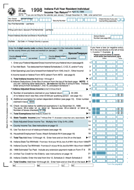 Fillable Form It-40 - Indiana Full-Year Resident Individual Income Tax Return - 1998 Printable pdf