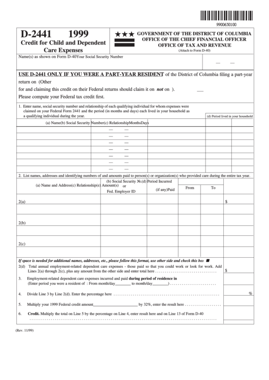 Form D-2441 - Credit For Child And Dependent Care Expenses - 1999 Printable pdf