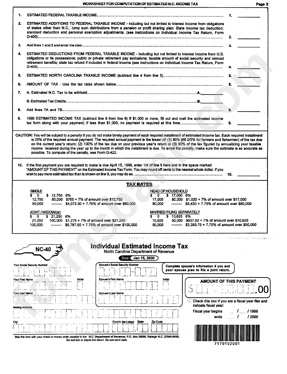 Fillable Form Nc40 Individual Estimated Tax printable pdf