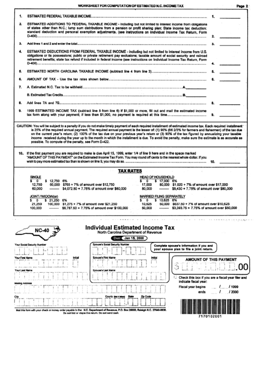 Fillable Form Nc-40 - Individual Estimated Income Tax Printable pdf