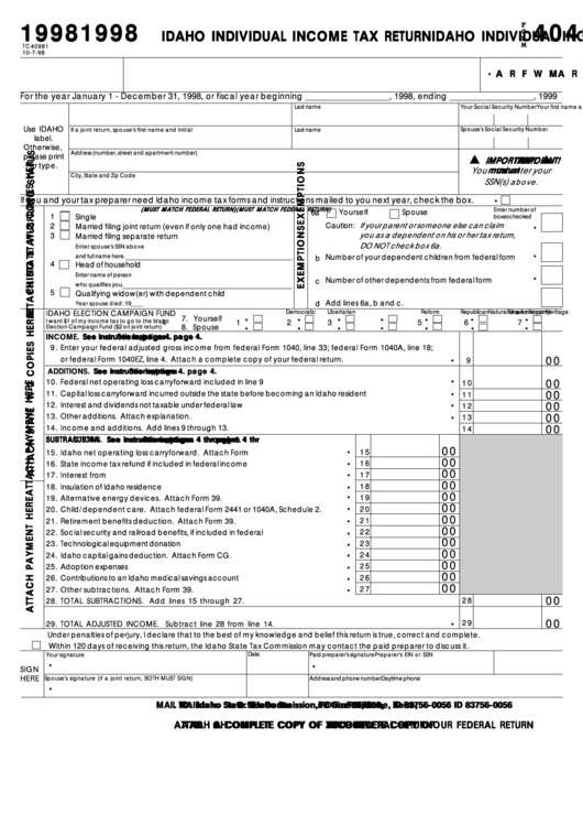 Fillable Form 40 - Idaho Individual Income Tax Return - 1998 Printable pdf