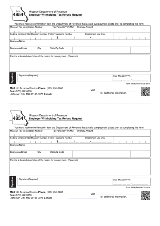 Fillable Form 4854 - Employer Withholding Tax Refund Request Printable pdf