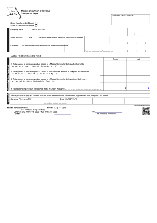 Fillable Form 4782 - Transporter Report - 2014 Printable pdf